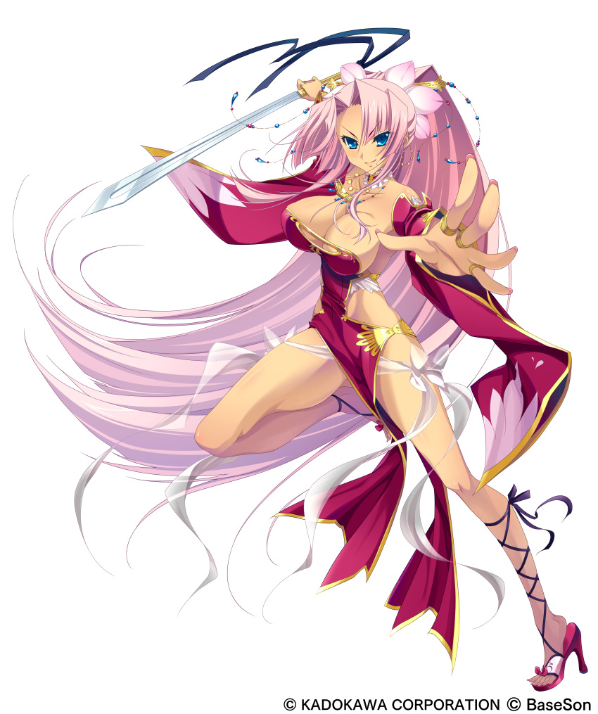 1girl absurdres bangs bare_shoulders blue_eyes breasts cleavage cleavage_cutout detached_sleeves dress fighting_stance fingernails foreshortening hair_ornament high_heels highres hikage_eiji jewelry koihime_musou large_breasts leg_lift legs long_fingernails long_hair necklace no_bra official_art outstretched_arm outstretched_hand parted_bangs payot pink_hair ponytail ring see-through shoes side_slit smile solo sonsaku standing standing_on_one_leg sword transparent_background very_long_hair weapon