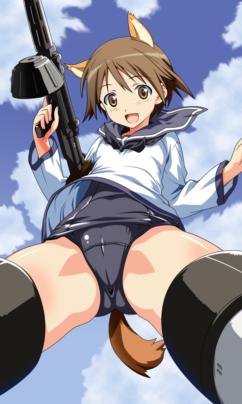 1girl absurdres animal_ears blush brown_eyes brown_hair flying from_below gun highres looking_at_viewer miyafuji_yoshika one-piece_swimsuit open_mouth short_hair sigsig sky solo strike_witches striker_unit swimsuit tail weapon