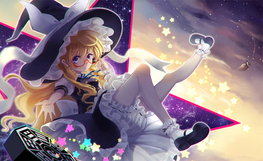 1girl adjusting_glasses ankle_cuffs bai_banca blonde_hair bloomers blouse blue_eyes bow broom clouds cloudy_sky eyelashes flying frills glasses hat hat_bow kirisame_marisa long_hair looking_at_viewer mini-hakkero neck_ribbon night night_sky open_mouth outstretched_hand ribbon shoes skirt sky socks solo star star_(sky) starry_sky touhou underwear vest witch_hat wrist_cuffs