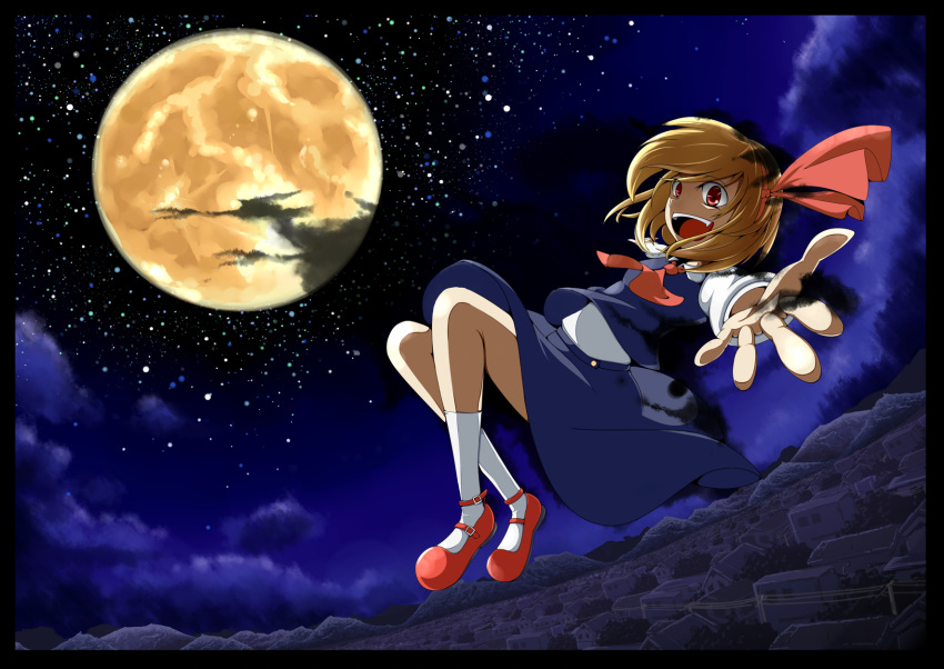 1girl amakan! blonde_hair clouds cloudy_sky flying full_moon hair_ribbon highres looking_at_viewer moon open_mouth reaching_out red_eyes ribbon rumia short_hair sky smile solo star_(sky) starry_sky touhou town