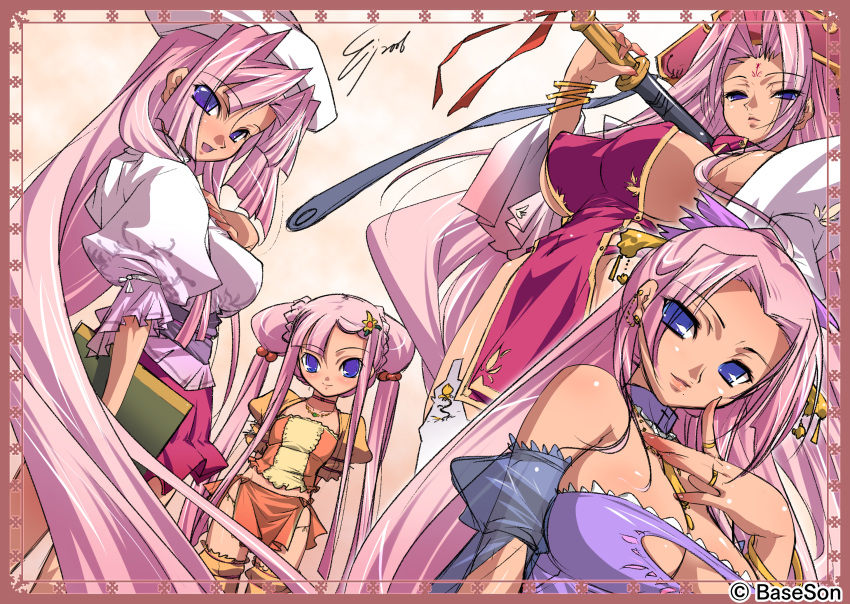 4girls blue_eyes breasts character_request highres koihime_musou large_breasts long_hair multiple_girls pink_hair ponytail smile sonken sonsaku sonshoukou thigh-highs twintails
