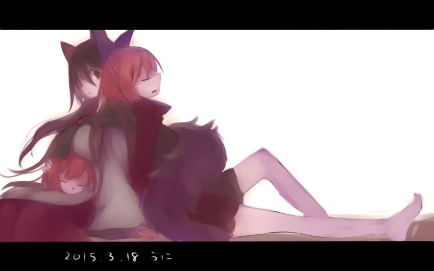 2girls animal_ears back-to-back bare_legs bare_shoulders bow brooch cape closed_eyes disembodied_head hair_bow imaizumi_kagerou jewelry lap_pillow long_sleeves lying_on_lap multiple_girls namauni redhead sekibanki shirt sitting skirt sleeping smile tail touhou werewolf wide_sleeves wolf_ears wolf_tail