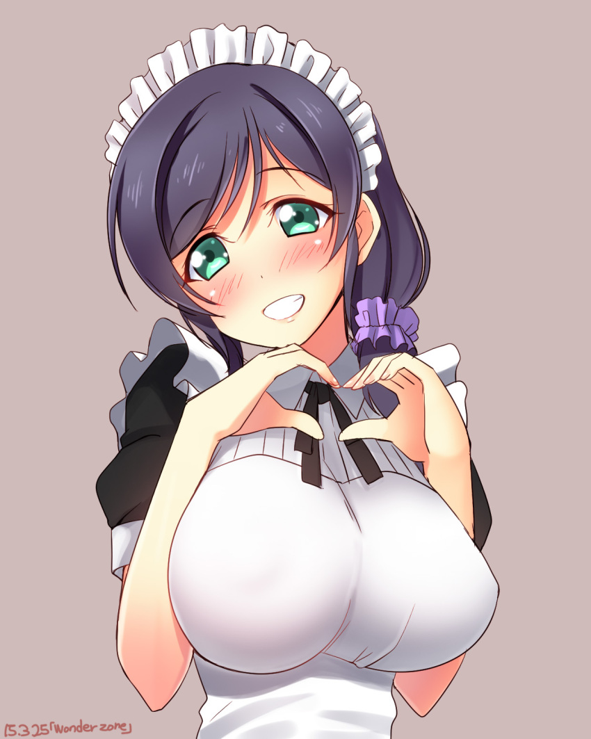 1girl apron blush breasts green_eyes heart heart_hands highres huge_breasts long_hair looking_at_viewer love_live!_school_idol_project maid_apron maid_headdress no_bra purple_hair signature smile solo toujou_nozomi twintails yu-ta