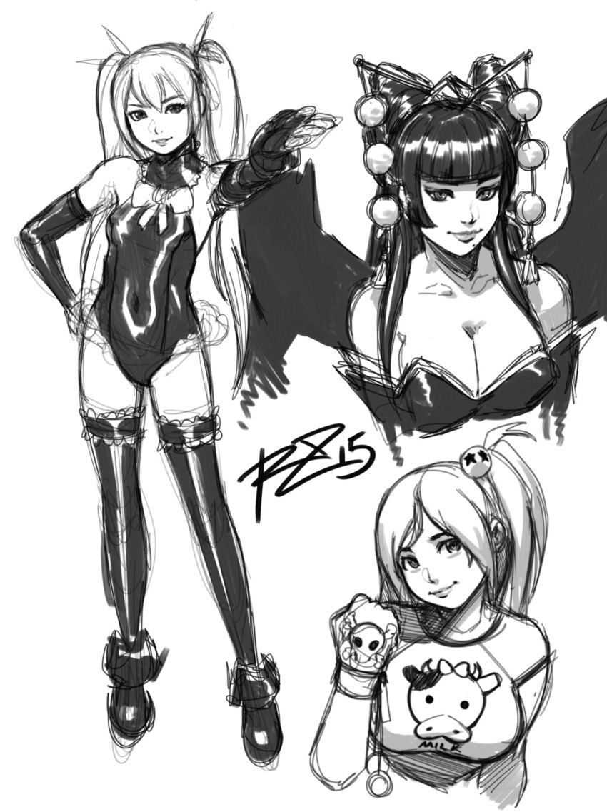 3girls bangs blunt_bangs breasts cleavage collage cow_print dead_or_alive elbow_gloves garters gloves hand_on_hip highres honoka_(doa) large_breasts leotard long_hair marie_rose multiple_girls nyotengu outstretched_hand robert_porter sketch small_breasts thigh-highs wings