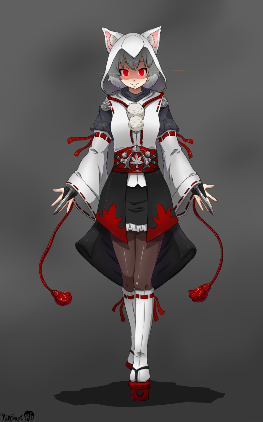 1girl absurdres animal_ears assassin's_creed bridal_gauntlets detached_sleeves full_body geta glowing glowing_eyes grey_background hidden_blade highres inubashiri_momiji looking_at_viewer pantyhose pom_pom_(clothes) red_eyes ribbon-trimmed_sleeves ribbon_trim shaded_face short_hair signature silver_hair simple_background skirt solo thigh-highs touhou wolf_ears