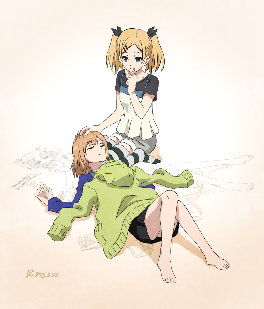 2girls barefoot blonde_hair brown_hair candy dated gradient gradient_background hair_ornament hair_ribbon hairclip hand_on_another's_head highres hooded_jacket lollipop miyamori_aoi multiple_girls os_(pixiv2025251) ribbon shirobako short_hair short_twintails shorts signature skirt sleeping sleeping_on_person striped striped_legwear thigh-highs twintails yano_erika