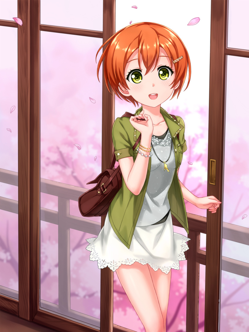1girl bag bracelet brown_hair cherry_blossoms collarbone dress green_eyes highres hoshizora_rin jacket jewelry light_brown_hair looking_at_viewer love_live!_school_idol_project open_clothes open_jacket petals short_hair short_sleeves shoulder_bag smile solo tree tucana white_dress