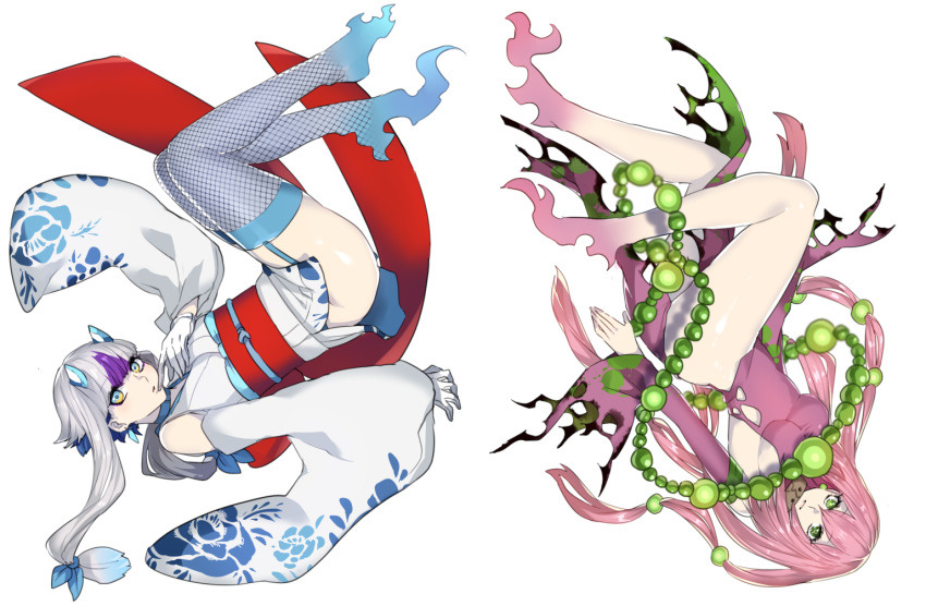 2girls bare_legs breasts falling female froslass garter_straps gloves green_eyes hair_bobbles hair_ornament hand_to_own_mouth japanese_clothes katagiri_hachigou kimono long_hair looking_at_viewer low-tied_long_hair multicolored_eyes multicolored_hair multiple_girls personification pink_hair pokemon pokemon_(game) purple_hair sash sideboob silver_hair spiritomb thigh-highs two-tone_hair very_long_hair white_background white_gloves