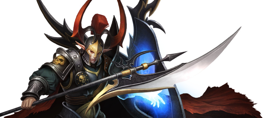 1boy alkaras armor artist_request chaos_heroes_online dark_persona helmet highres looking_at_viewer male_focus official_art pointy_ears red_eyes simple_background skull solo transparent_background weapon