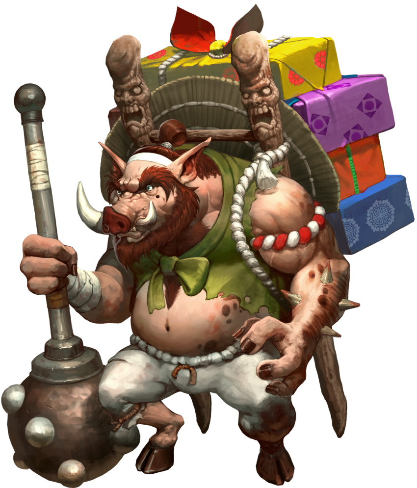 1boy artist_request bandages beard chaos_heroes_online facial_hair full_body gift green_eyes highres hooves mace male_focus navel official_art pointy_ears simple_background solo transparent_background tubalkein tusks warthog weapon