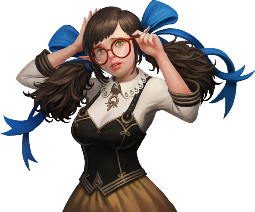 1girl artist_request breasts brown_hair chaos_heroes_online glasses green_eyes lips long_hair looking_at_viewer lowell_(chaos_online) official_art parted_lips pointy_ears simple_background skirt solo transparent_background twintails