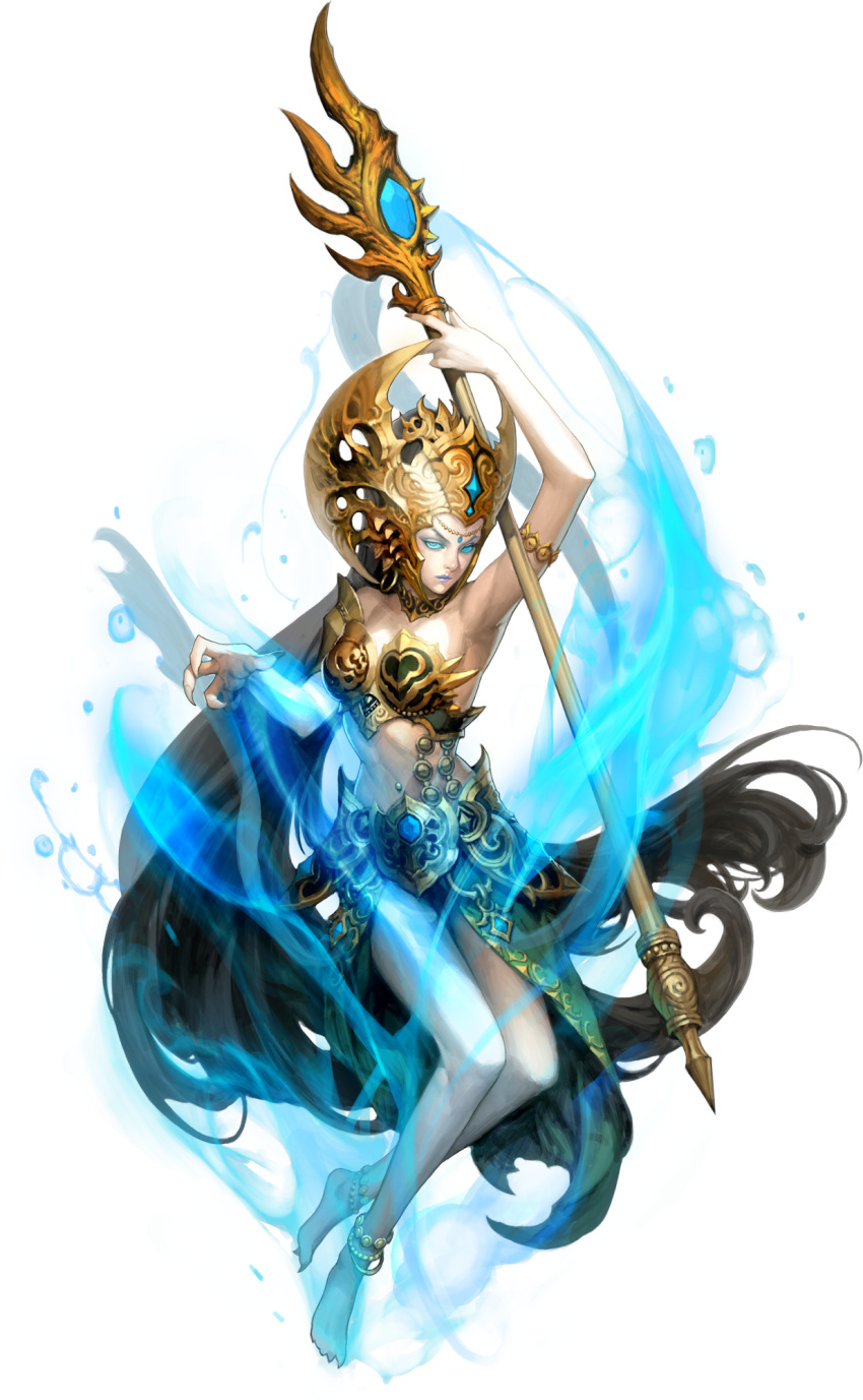 1girl absurdly_long_hair alpha_transparency anklet arm_up armpits artist_request barefoot blue_eyes blue_sclera chaos_heroes_online full_body highres jewelry long_hair looking_at_viewer official_art purple_lips rorokidul simple_background solo staff transparent_background very_long_hair