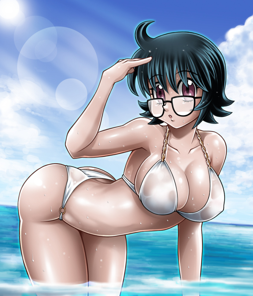 1girl :o ahoge ass bikini black-framed_glasses black_hair blue_sky breasts cleavage clouds collarbone glasses highres hoimin_(anchangdeath) hunter_x_hunter large_breasts lens_flare official_style open_mouth shizuku_(hunter_x_hunter) short_hair sky solo swimsuit violet_eyes water white_bikini white_swimsuit
