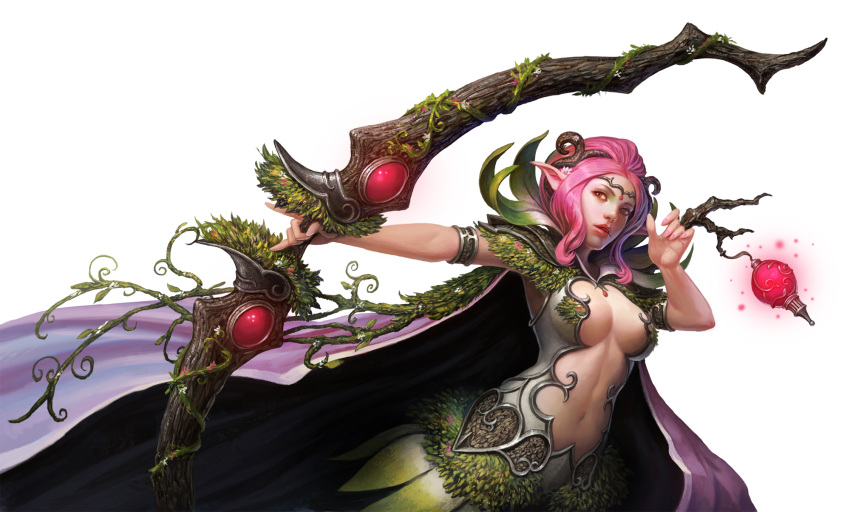 1girl alpha_transparency artist_request bow_(weapon) breasts chaos_heroes_online highres light_persona lips nail_polish navel official_art parted_lips pink_hair pink_nails pointy_ears serena_(chaos_online) simple_background solo transparent_background weapon
