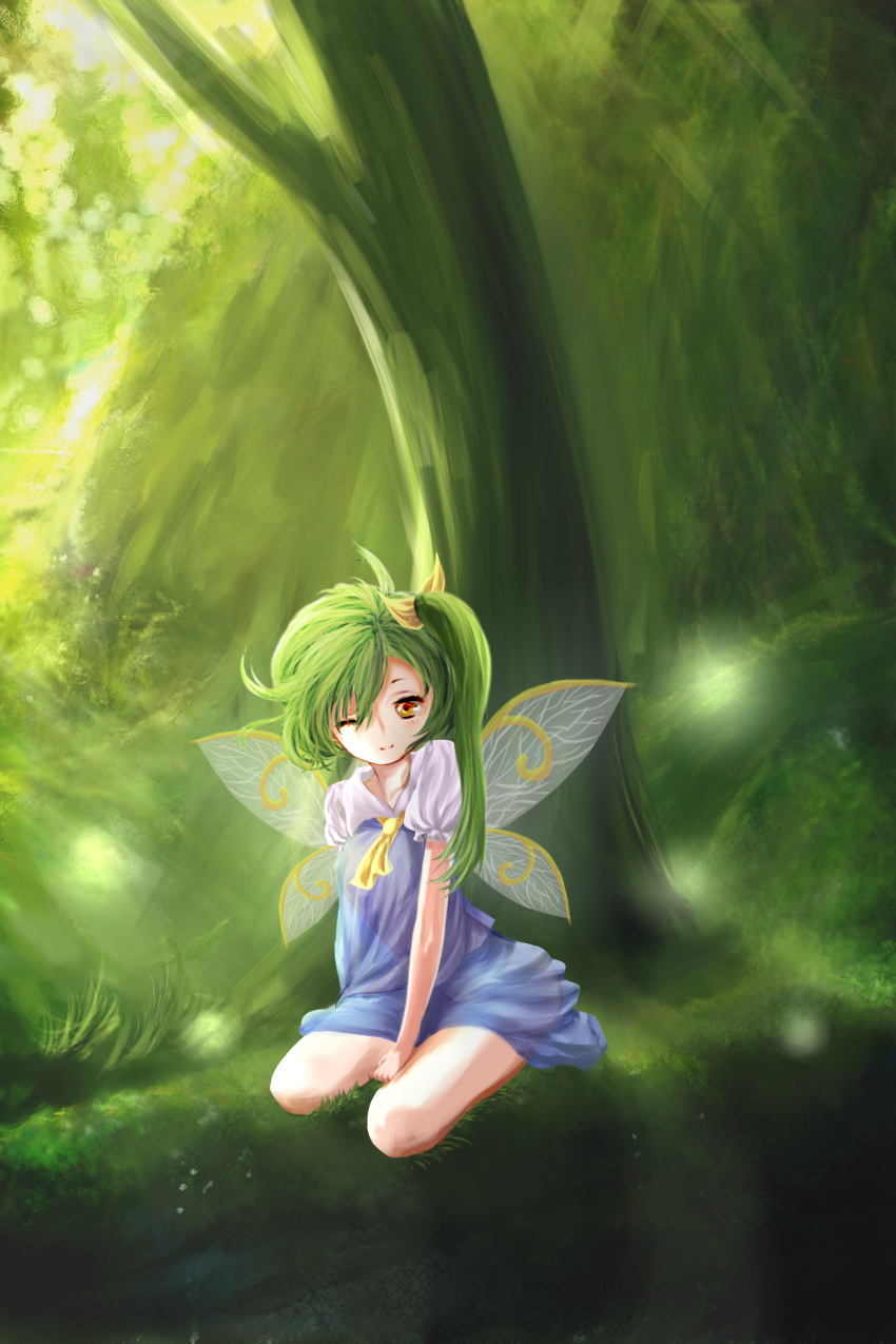 1girl absurdres between_legs daiyousei fairy_wings forest grass green_hair hair_ribbon hand_between_legs highres light_particles light_smile looking_at_viewer nature one_eye_closed oninoko orange_eyes outdoors puffy_short_sleeves puffy_sleeves ribbon see-through short_hair short_sleeves side_ponytail sitting skirt skirt_set solo touhou under_tree wings yokozuwari