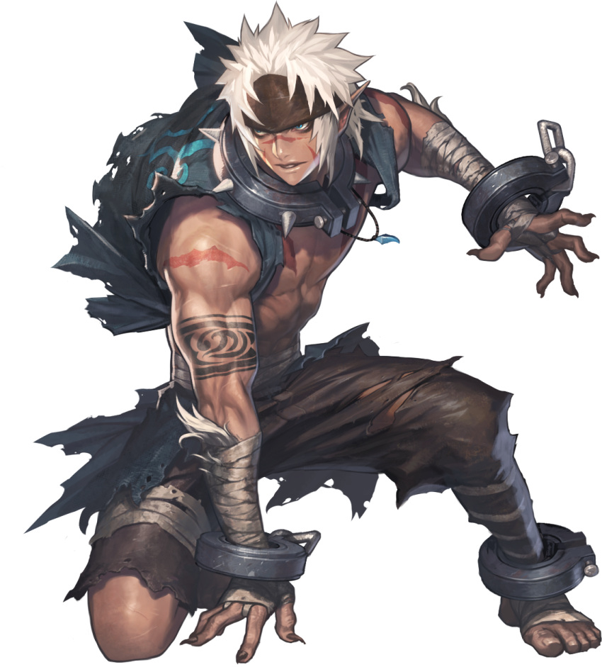 1boy artist_request bandages blue_eyes chaos_heroes_online cuffs highres light_persona male_focus official_art parted_lips pointy_ears rikian shackles short_hair simple_background solo transparent_background white_hair