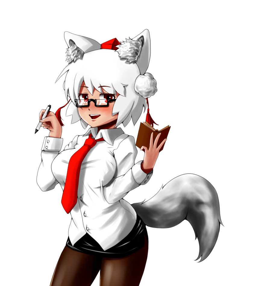 1girl animal_ears blush breasts glasses hat highres impossible_clothes inubashiri_momiji large_breasts looking_at_viewer miniskirt open_mouth pen red_eyes short_hair silver_hair simple_background skirt solo tail tokin_hat touhou white_background wolf_ears wolf_tail