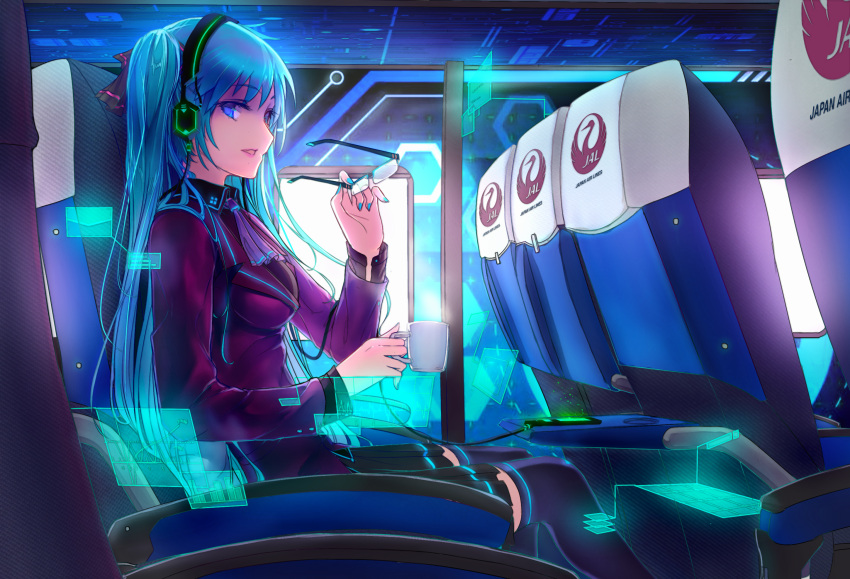1girl airplane_interior aqua_eyes aqua_hair cup glasses glasses_removed hatsune_miku headphones highres hourai_no_hangentsuki japan_airlines long_hair sitting solo thigh-highs twintails very_long_hair vocaloid