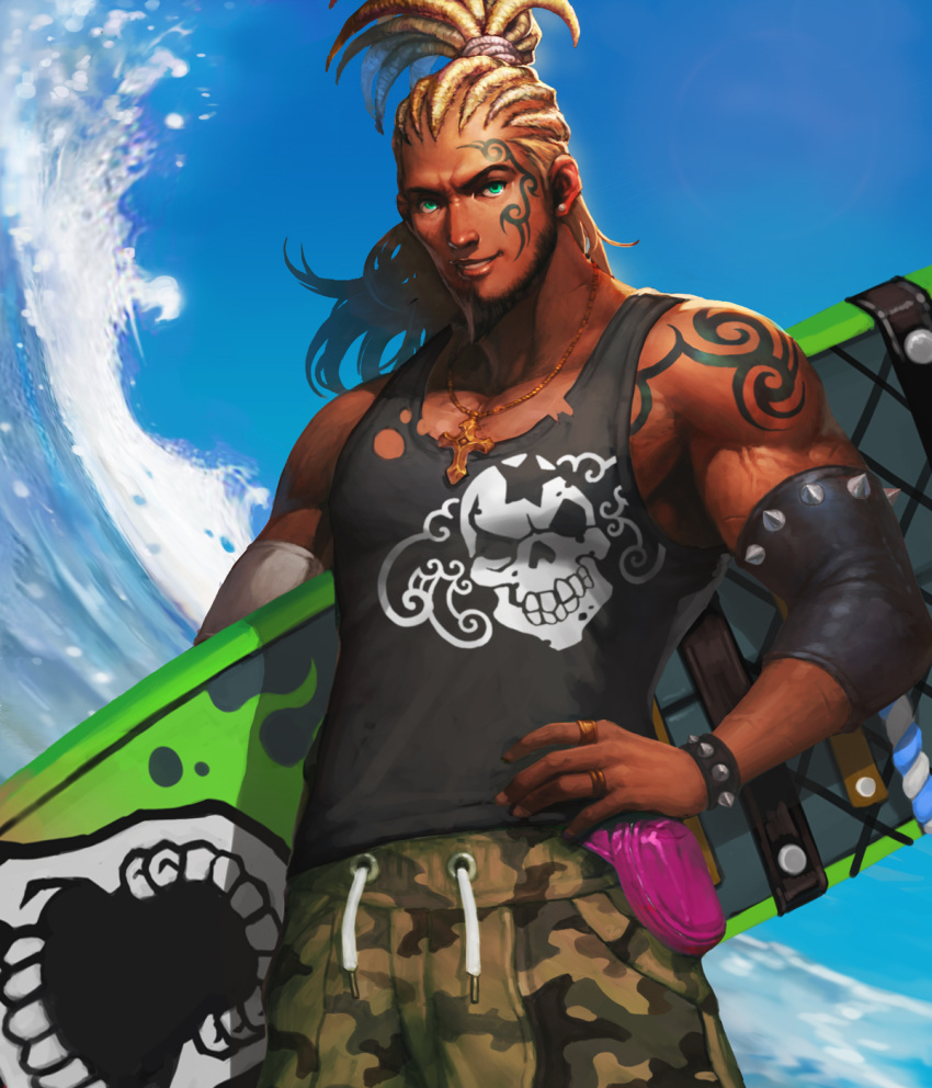 1boy alternate_costume artist_request beard blonde_hair bracelet card_(medium) cedric_(chaos_online) chaos_heroes_online cornrows cowboy_shot cross cross_necklace earrings facial_hair facial_tattoo green_eyes hand_on_hip highres jewelry lens_flare looking_at_viewer male_focus muscle official_art outdoors parted_lips ring skull sky solo surfboard tank_top tattoo water waves