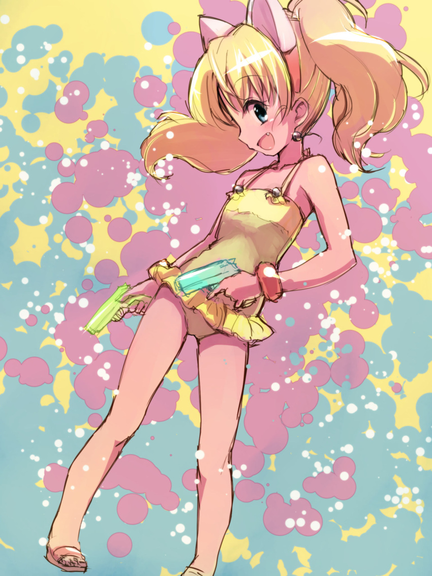 1girl :d animal_ears bangle bracelet casual_one-piece_swimsuit cat_ears fang frilled_swimsuit frills highres jewelpet_(series) jewelpet_twinkle jewelry miria_marigold_mackenzie nyama one-piece_swimsuit open_mouth profile sandals sketch smile solo swimsuit twintails water_gun yellow_swimsuit