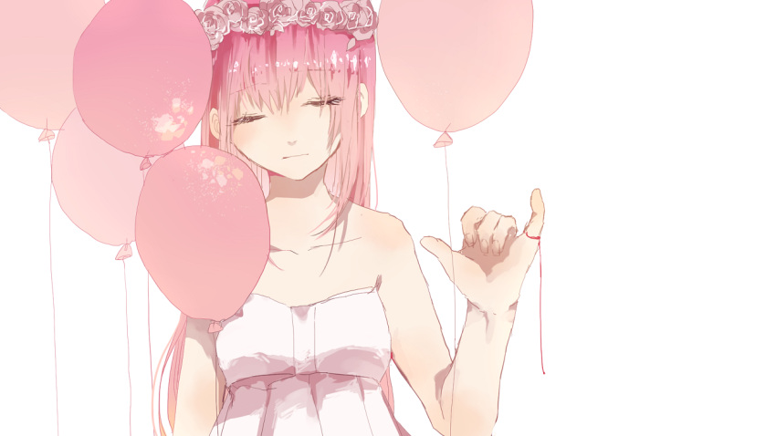 1girl balloon bare_shoulders closed_eyes commentary danjou_sora dress flower head_wreath just_be_friends_(vocaloid) megurine_luka pink_hair pinky_out red_string rose simple_background solo strapless_dress string string_around_finger vocaloid white_background white_dress white_rose
