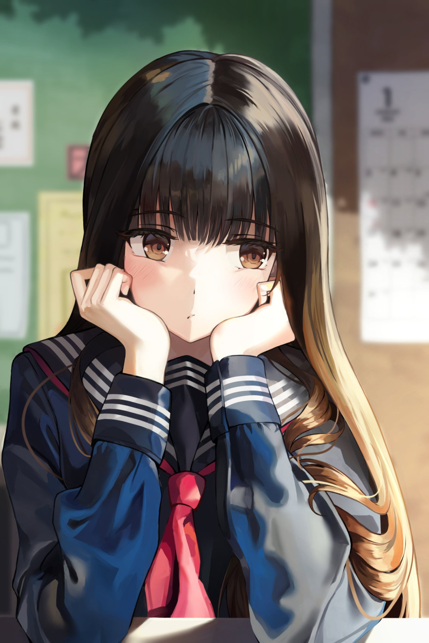 1girl bangs bekkuro black_sailor_collar black_serafuku black_shirt blunt_bangs blush brown_eyes brown_hair classroom closed_mouth commentary_request day eyebrows_visible_through_hair hands_on_own_cheeks hands_on_own_face highres indoors long_sleeves looking_away looking_to_the_side neckerchief original red_neckerchief sailor_collar school_uniform serafuku shirt solo sunlight