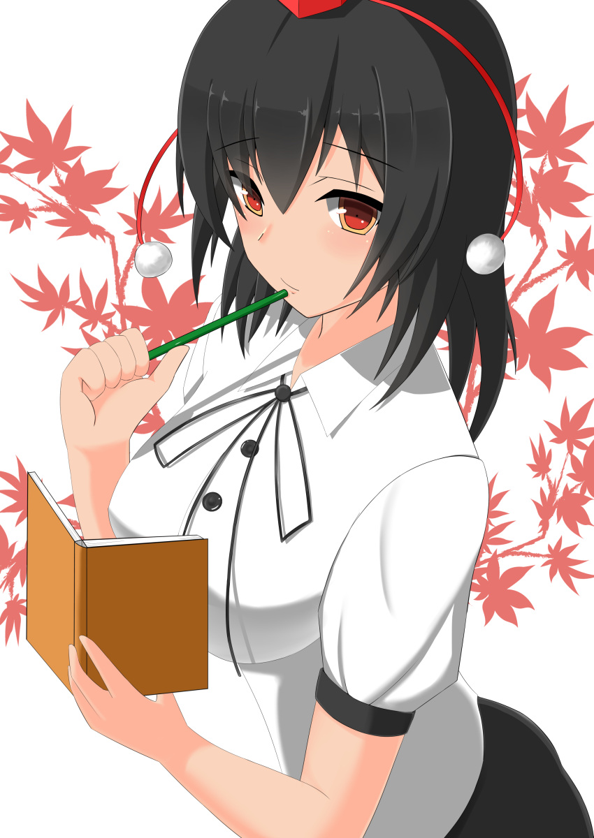 1girl absurdres black_hair breasts hat highres impossible_clothes impossible_shirt leaf leaf_background light_smile looking_at_viewer maple_leaf notebook pencil_to_face red_eyes ribbon shameimaru_aya short_hair short_sleeves solo tokin_hat touhou white_background yamatsubaki_runa