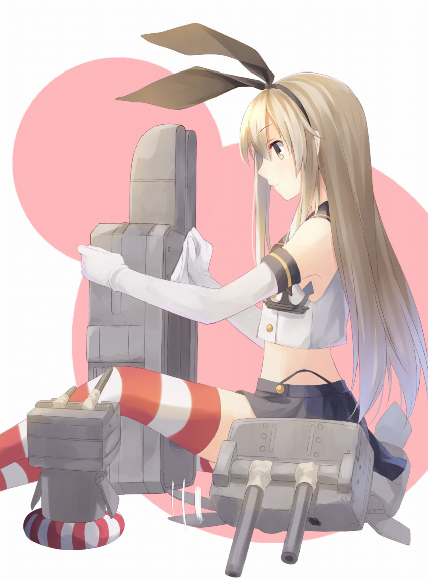 1girl anchor_hair_ornament blonde_hair blue_skirt cleaning elbow_gloves gloves hair_ornament hairband highres kantai_collection leyte long_hair profile rensouhou-chan shimakaze_(kantai_collection) sitting skirt striped striped_legwear thigh-highs white_gloves yellow_eyes