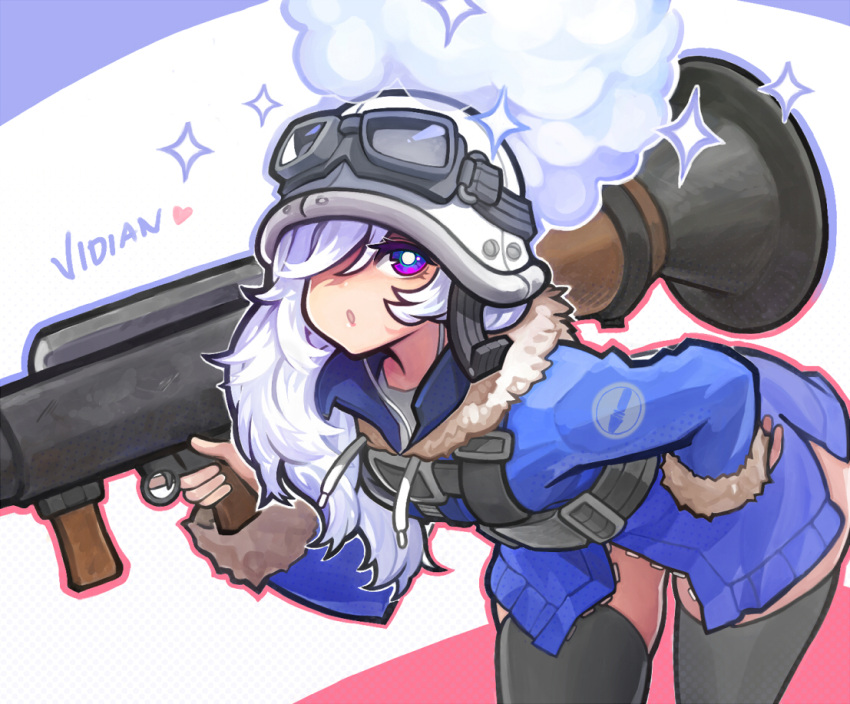 1girl :o bent_over black_legwear cold_snap_coat earphones earphones genderswap goggles_on_hat hair_over_one_eye heart helmet long_hair looking_at_viewer no_pants rocket_launcher solo sparkle team_fortress_2 the_soldier thigh-highs unusual_effect violet_eyes wahae war_pig weapon white_hair