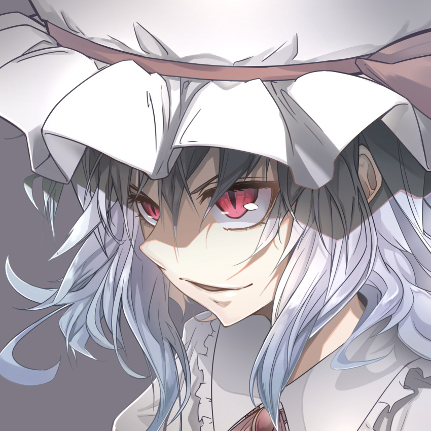 1girl ascot blue_hair close-up commentary_request hair_between_eyes hat hat_ribbon highres kakko_madoka long_hair mob_cap parted_lips portrait red_eyes red_neckwear red_ribbon remilia_scarlet ribbon simple_background slit_pupils smile solo touhou white_hat