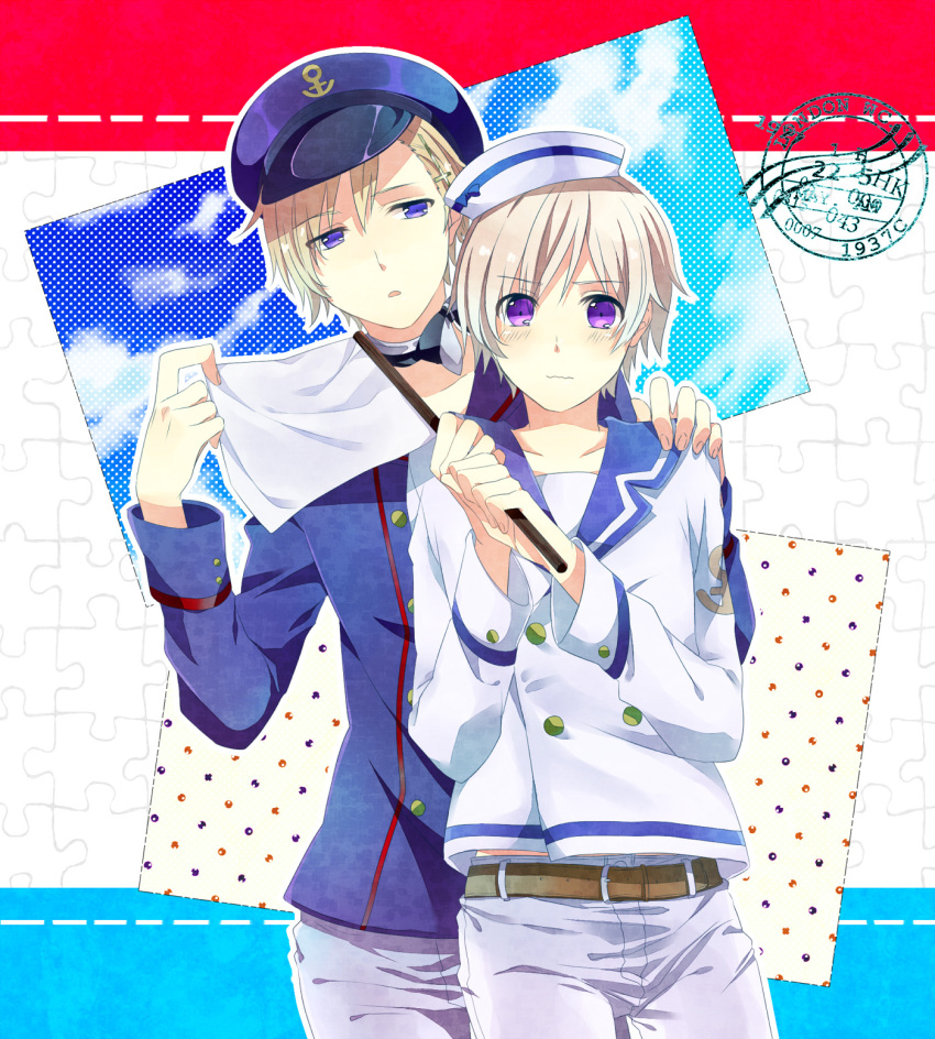 2boys axis_powers_hetalia blonde_hair blush flag hair_ornament hairclip hat height_difference highres iceland_(hetalia) male_focus multiple_boys norway_(hetalia) sailor_hat violet_eyes washi_(micino) wavy_mouth white_flag