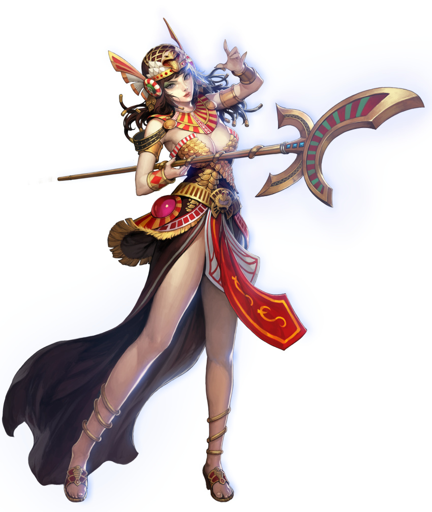 1girl alpha_transparency anklet artist_request bracelet breasts brown_hair chaos_heroes_online egyptian fingernails full_body grey_eyes highres jewelry lips long_fingernails long_hair official_art sandals shaharah simple_background snake solo staff transparent_background