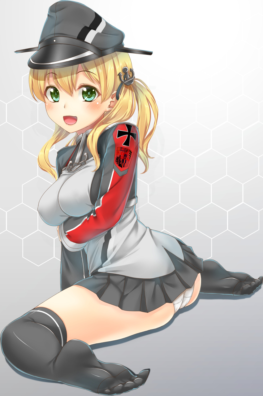 1girl absurdres anchor_hair_ornament ass black_legwear blush breasts ecou green_eyes hair_ornament hat highres jacket kantai_collection large_breasts long_sleeves looking_at_viewer open_mouth over-kneehighs panties pantyshot pantyshot_(sitting) prinz_eugen_(kantai_collection) sailor_hat sitting skirt smile solo thigh-highs twintails underwear wariza white_panties