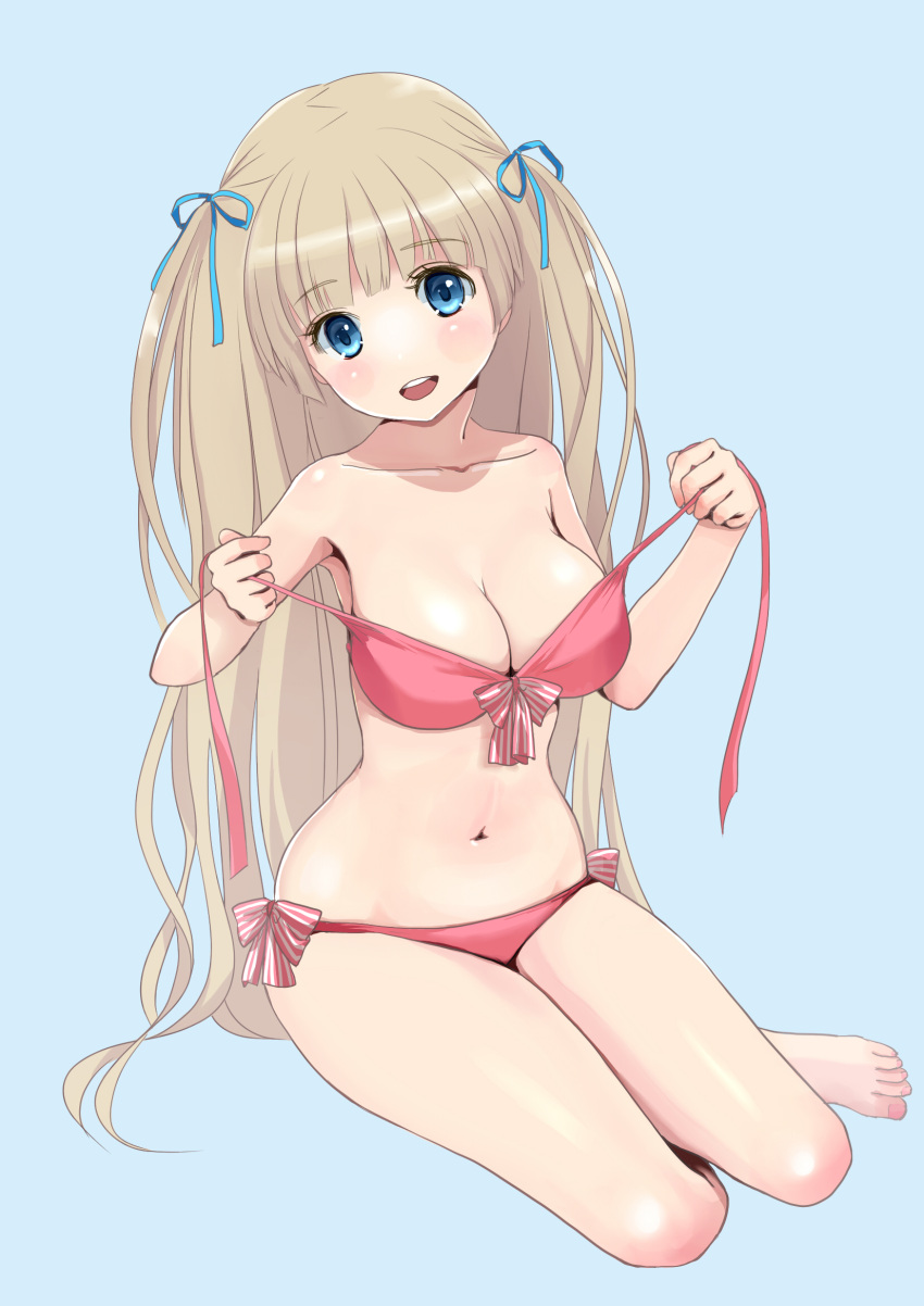 1girl :d barefoot bikini blonde_hair blue_background blue_eyes breasts cleavage front-tie_top happy highres long_hair navel open_mouth original revision side-tie_bikini simple_background sitting smile solo swimsuit tera_(teraura) twintails untied untied_bikini untying very_long_hair yokozuwari