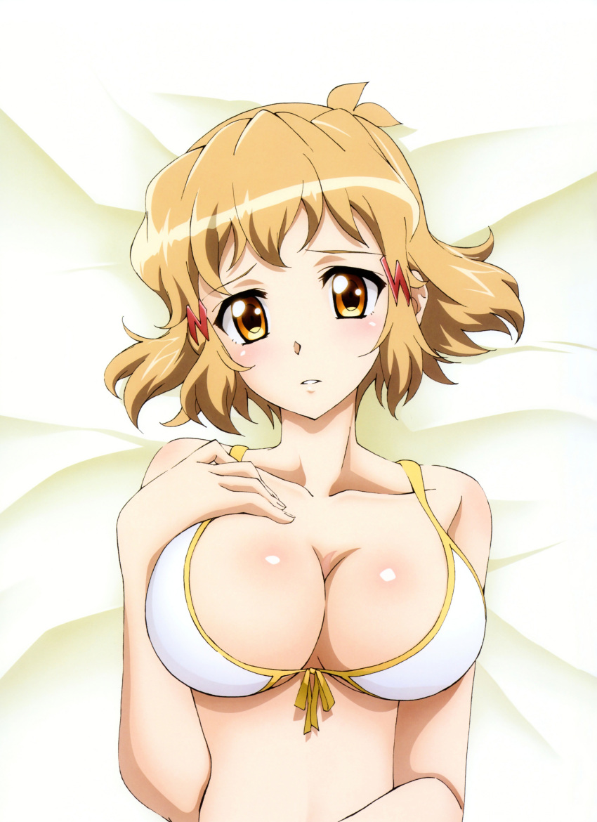 1girl absurdres bikini_top breasts brown_eyes brown_hair cleavage front-tie_bikini front-tie_top highres senki_zesshou_symphogear short_hair tachibana_hibiki_(symphogear) tagme upper_body