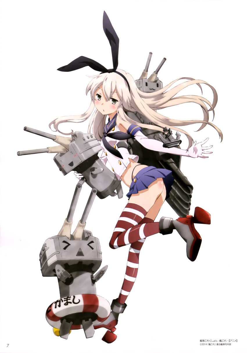 &gt;_&lt; 1girl :3 :d :o absurdres anchor_hair_ornament ass bare_shoulders black_panties blonde_hair blush boots brown_eyes character_name elbow_gloves full_body gloves grey_boots hair_ornament hairband highleg highleg_panties highres innertube kantai_collection kneehighs lifebuoy long_hair looking_at_viewer looking_back machinery maeda_kyousuke miniskirt official_art open_mouth outstretched_arm panties personification pleated_skirt rensouhou-chan sailor_collar sailor_dress scan school_uniform serafuku shimakaze_(kantai_collection) simple_background skirt sleeveless smile striped striped_legwear thigh-highs turret underwear white_background white_gloves yellow_eyes