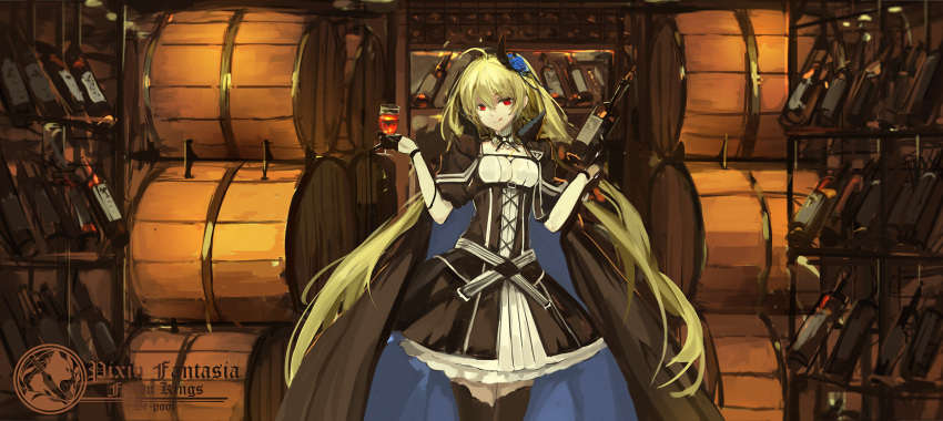 1girl alcohol blonde_hair breasts cleavage cup dress hair_ornament highres licking_lips long_hair pixiv_fantasia pixiv_fantasia_fallen_kings saberiii solo tongue tongue_out very_long_hair wine wine_bottle wine_cellar wine_glass