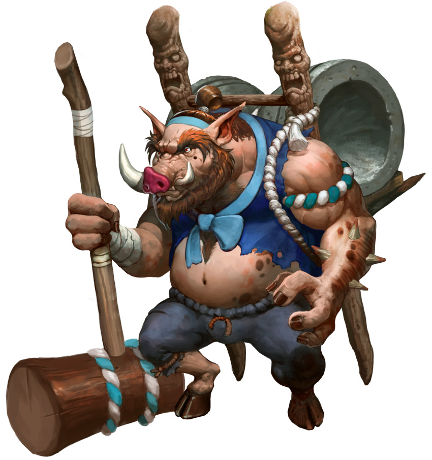 1boy artist_request bandages beard chaos_heroes_online facial_hair full_body hammer highres hooves male_focus navel official_art pointy_ears red_eyes simple_background solo transparent_background tubalkein tusks warthog