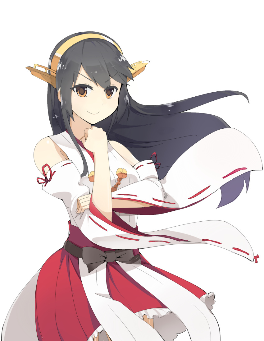 &gt;:) 1girl bare_shoulders brown_eyes clenched_hand detached_sleeves frilled_skirt frills grey_hair hairband hand_on_own_arm haruna_(kantai_collection) headgear highres kantai_collection looking_at_viewer nontraditional_miko pleated_skirt red_skirt ribbon-trimmed_sleeves ribbon_trim simple_background skirt solo usuaji white_background