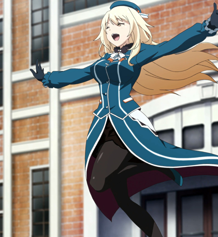 1girl atago_(kantai_collection) beret blonde_hair closed_eyes gloves happy hat highres kantai_collection long_hair outstretched_arms pantyhose screencap solo stitched uniform