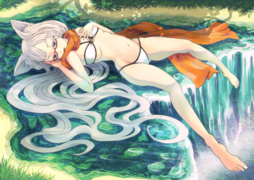 1girl animal_ears barefoot bikini blue_eyes breasts feet glasses grass highres legs long_hair lying minusion navel o-ring_top on_back original scarf silver_hair skindentation smile solo swimsuit toes under_boob very_long_hair water waterfall white_bikini white_swimsuit