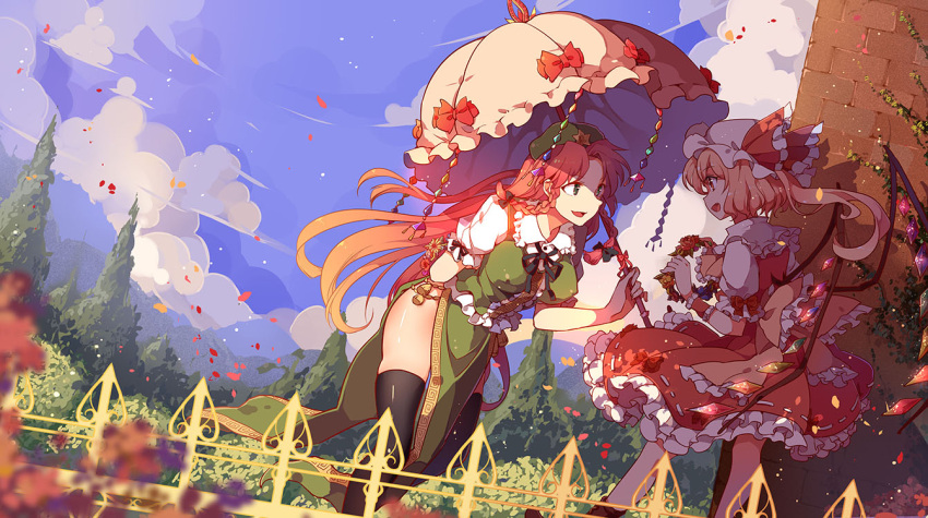 2girls :d arm_behind_back black_legwear blonde_hair blue_sky blurry bow braid clouds cloudy_sky depth_of_field dutch_angle flandre_scarlet flower frills green_eyes hair_bow hair_ribbon holding hong_meiling leaning_forward long_hair mob_cap multiple_girls open_mouth parasol petals redhead ribbon shade side_ponytail sky smile thigh-highs touhou tree twin_braids umbrella very_long_hair wind wings yetworldview_kaze