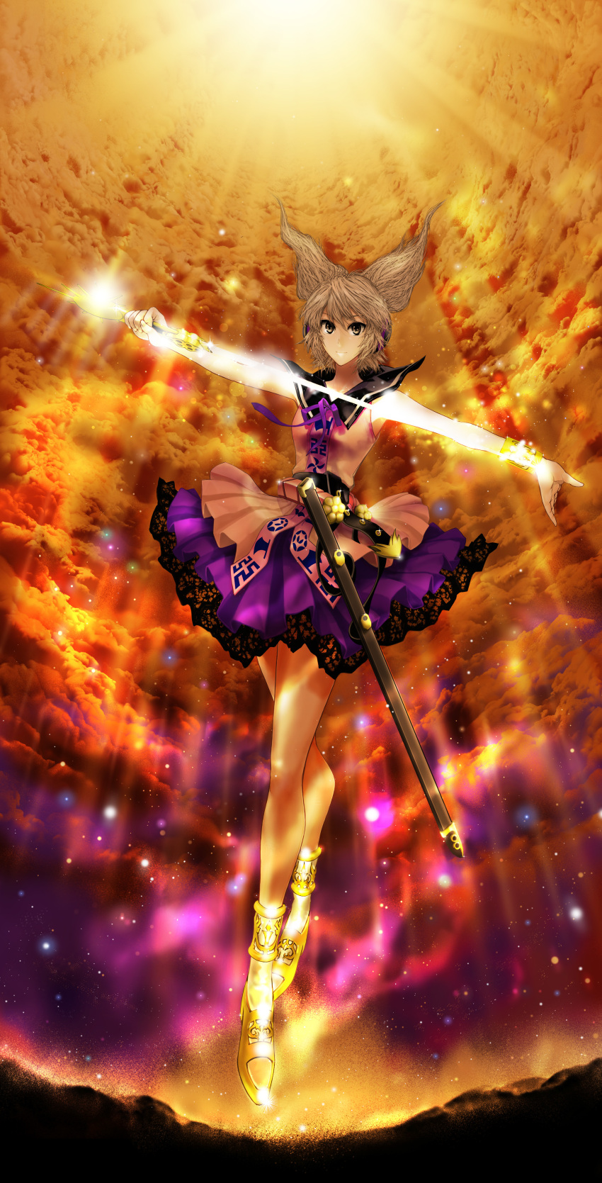 1girl absurdres belt blouse brown_eyes brown_hair clouds cloudy_sky floating frills full_body glowing glowing_sword glowing_weapon headphones high_heels highres light_particles light_rays looking_at_viewer neck_ribbon orange_sky ribbon scabbard sheath short_hair skirt sky smile solo sun sword touhou toyosatomimi_no_miko umami_(sakeikura) weapon wristband
