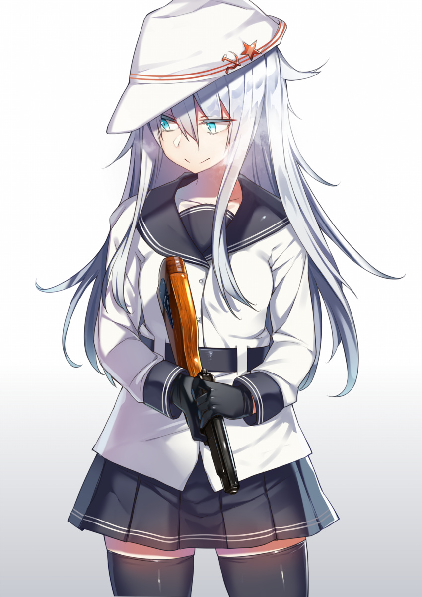 1girl black_gloves black_legwear blue_eyes collarbone gloves gun handgun hat hibiki_(kantai_collection) highres holding kantai_collection long_hair looking_down machine_pistol pistol pleated_skirt school_uniform serafuku skirt smile solo soukou_makura stechkin_aps thigh-highs verniy_(kantai_collection) weapon white_hair zettai_ryouiki