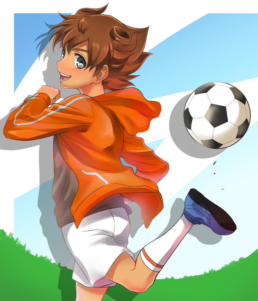 1boy absurdres blue_eyes brown_hair from_behind highres hoodie inazuma_eleven_(series) inazuma_eleven_go looking_back matsukaze_tenma short_hair shorts smile solo telstar
