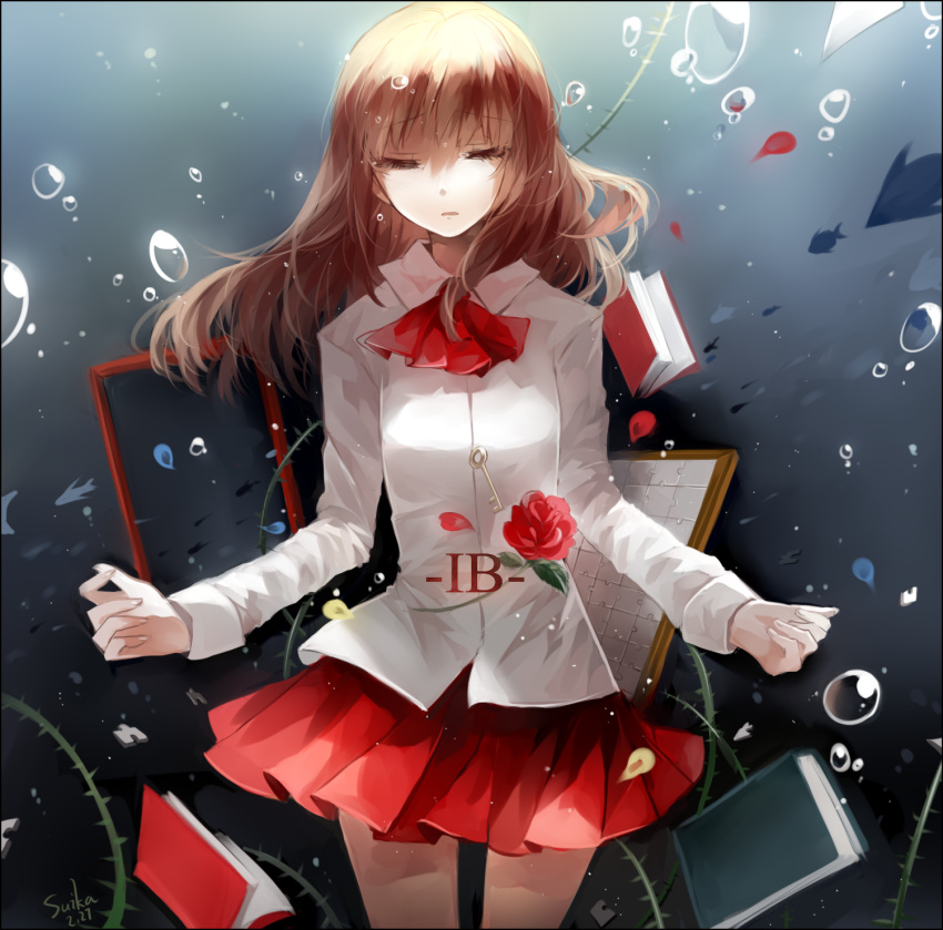 1girl book brown_hair bubble copyright_name cui_(jidanhaidaitang) flower highres ib ib_(ib) key long_hair picture_frame puzzle red_rose rose shirt skirt white_shirt