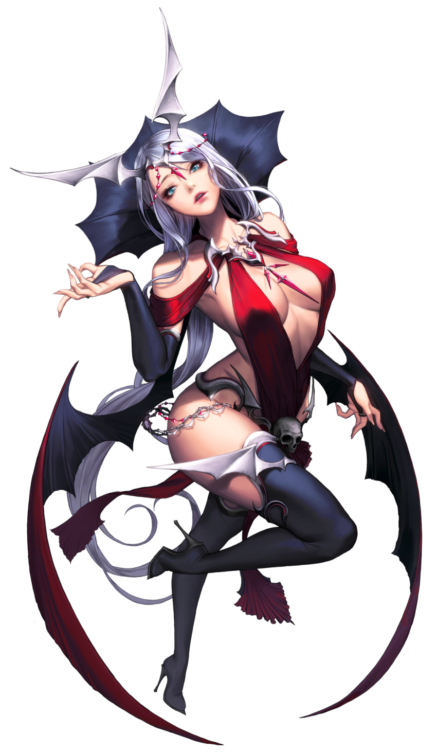 1girl alternate_costume aqua_eyes bare_shoulders black_boots black_legwear boots breasts bridal_gauntlets chaos_heroes_online demon_wings full_body head_tilt high_heels highres long_hair looking_at_viewer love_cacao nivas official_art parted_lips simple_background skull solo thigh-highs thigh_boots transparent_background very_long_hair white_hair wings