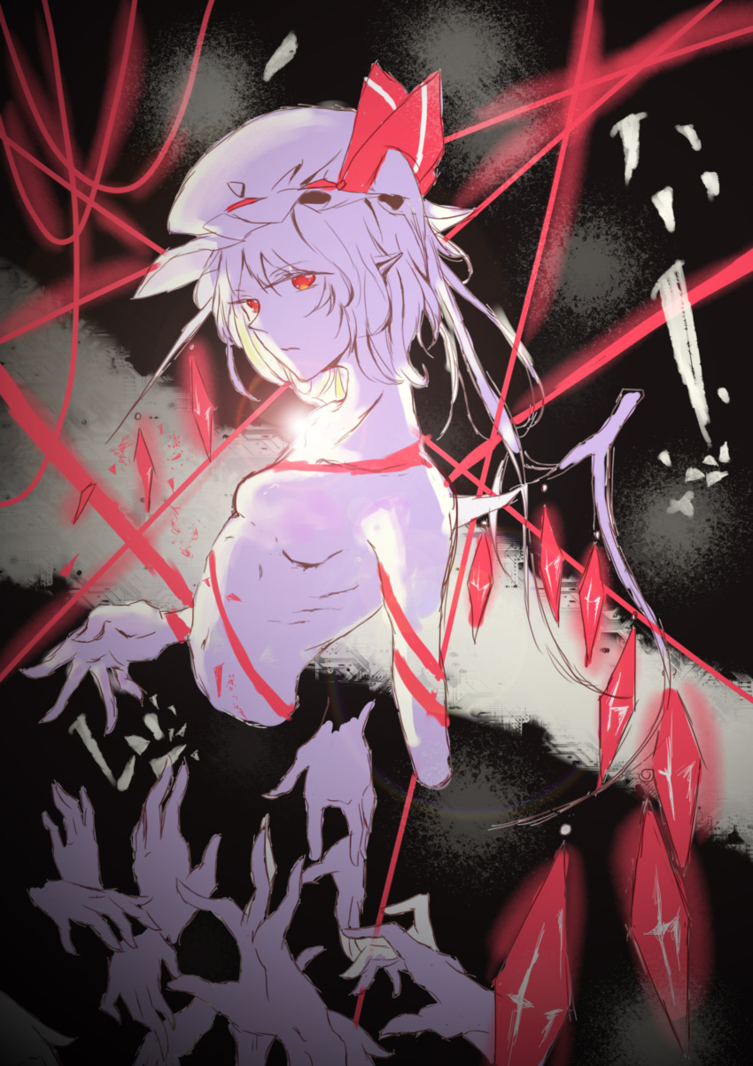 1girl abstract absurdres backlighting bow collarbone dark expressionless flandre_scarlet foreshortening from_side hands hat hat_bow highres hitsuji_(homuraaishiteru) lens_flare mob_cap nude pointy_ears pointy_nose red_eyes ribbon short_hair side_glance side_ponytail small_breasts solo spot_color tied_up touhou wings