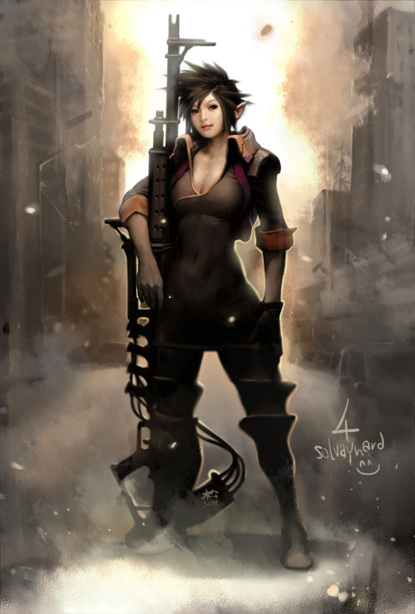 1girl black_hair breasts cleavage elf gun highres kokecit lips nose original planted_weapon pointy_ears rifle short_hair single_glove sniper_rifle solo spiky_hair weapon