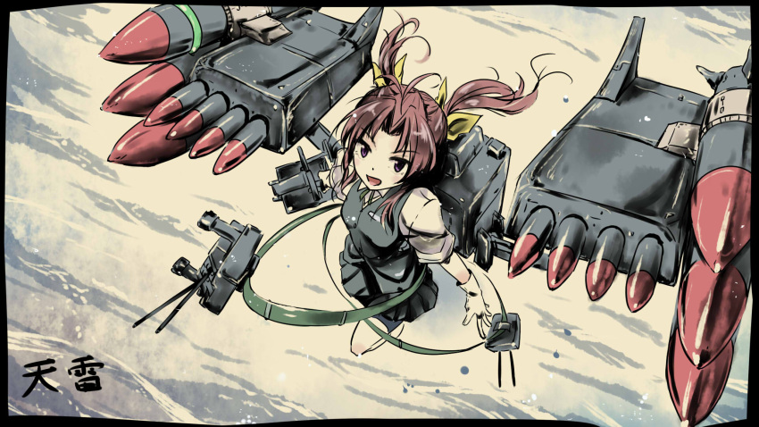 &gt;:d 1girl :d artist_name bike_shorts cannon gloves hair_ribbon heavens_thunder_(byakuya-part2) highres kagerou_(kantai_collection) kantai_collection looking_at_viewer machinery missile open_mouth pleated_skirt redhead ribbon school_uniform short_twintails skirt smile solo standing standing_on_water traditional_media turret twintails white_gloves